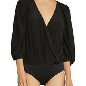 BCBG Max Azria Womens Black Silk Bodysuit Size Small RXI13A66 V Neck Blouse